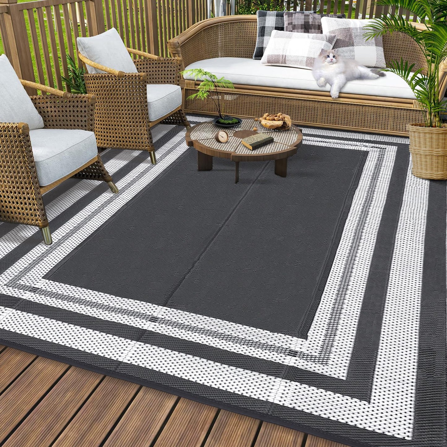 GAOMON Outdoor Rug for Patio 9x18 Plastic Straw Rug Waterproof Reversible Mat Modern Bordered Patio Rug for Porch RV Backyard Pool Deck Picnic Beach Trailer Camping Border-Grey/White