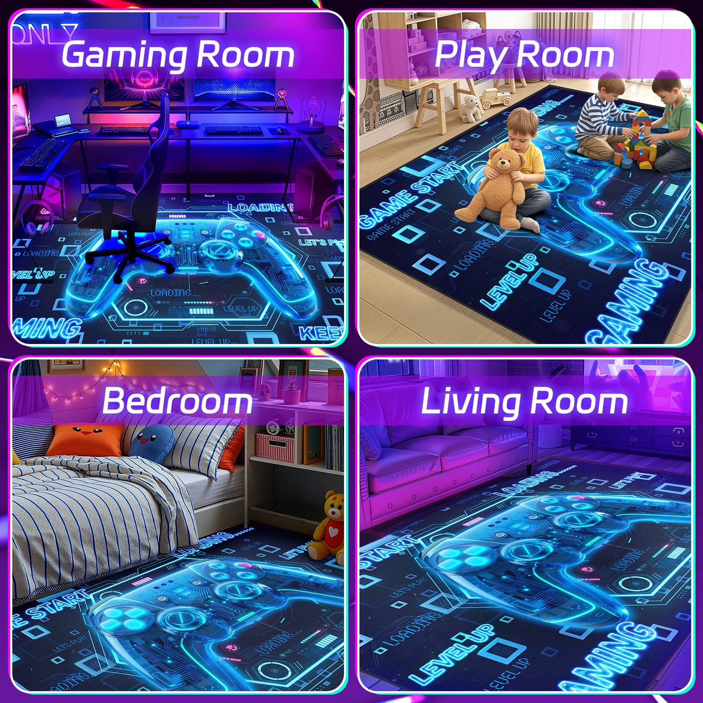 Gaming Rugs for Boys Bedroom - 3D Cyberpunk Blue Gamer Area Rug for Living Room,Teens Room, Kids Playroom, Gamer Rugs Gaming Room Non-Slip Floor Mat Video Games Area Carpets 71×47 Inches