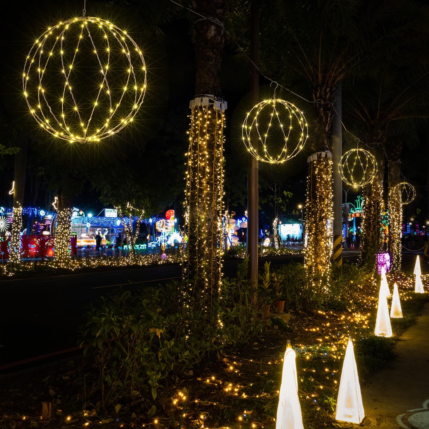Lightshare 248LED 12IN+16IN+20IN Light Ball Yard Decoration Pathway Lights White Sphere Light Fold Flat Metal Frame Indoor Outdoor Waterproof Garden Lights, Plug in(Set of 3)