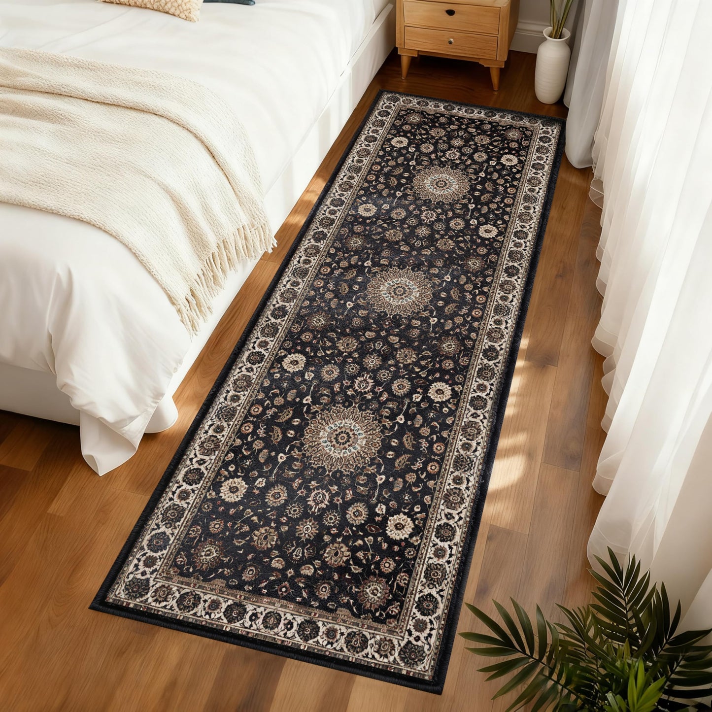 XSYarn Hallway Washable Runner Rug 2'x6' Vintage Soft Farmhouse Entryway Kitchen Runner TPR Non-Slip Low-Pile Boho Floor Carpet Runners for Bedroom Bathroom Laundry Room, Brown
