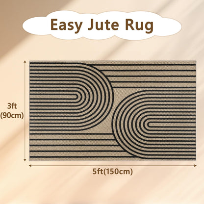 VSIWB Easy Jute Rugs for Entryway, 3' x 5' Indoor Outdoor Rug, Black Farmhouse Washable Ultra-Thin Non-Slip Area Rug for Foyer, Backdoor, Living Room, Kitchen, Bedroom, Balcony