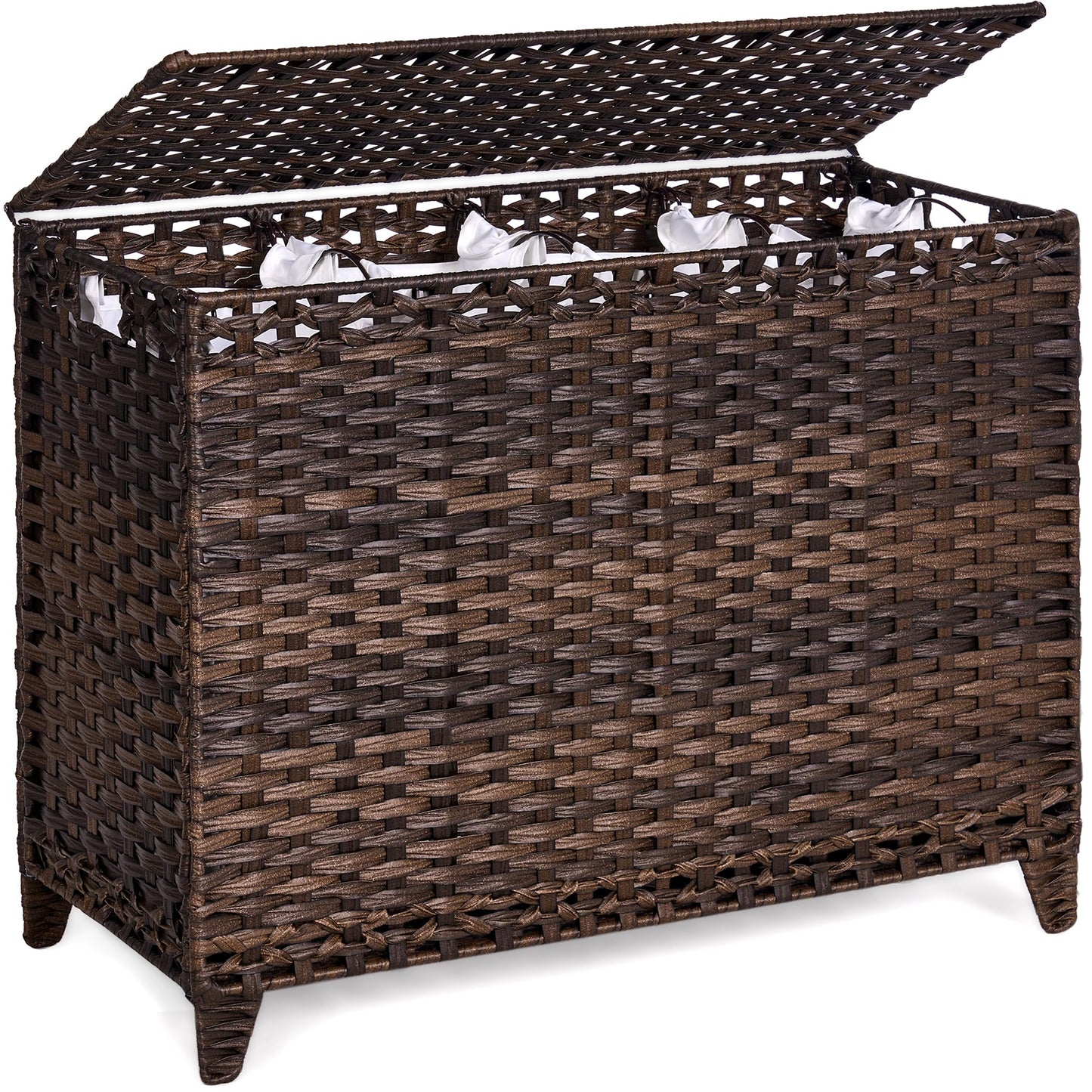 Laundry Hamper with 4 Removable Liner Bags; 176L Handwoven Rattan Laundry Basket with Lid & Heightened Feet; Clothes Hamper with Side Handles (Brown)