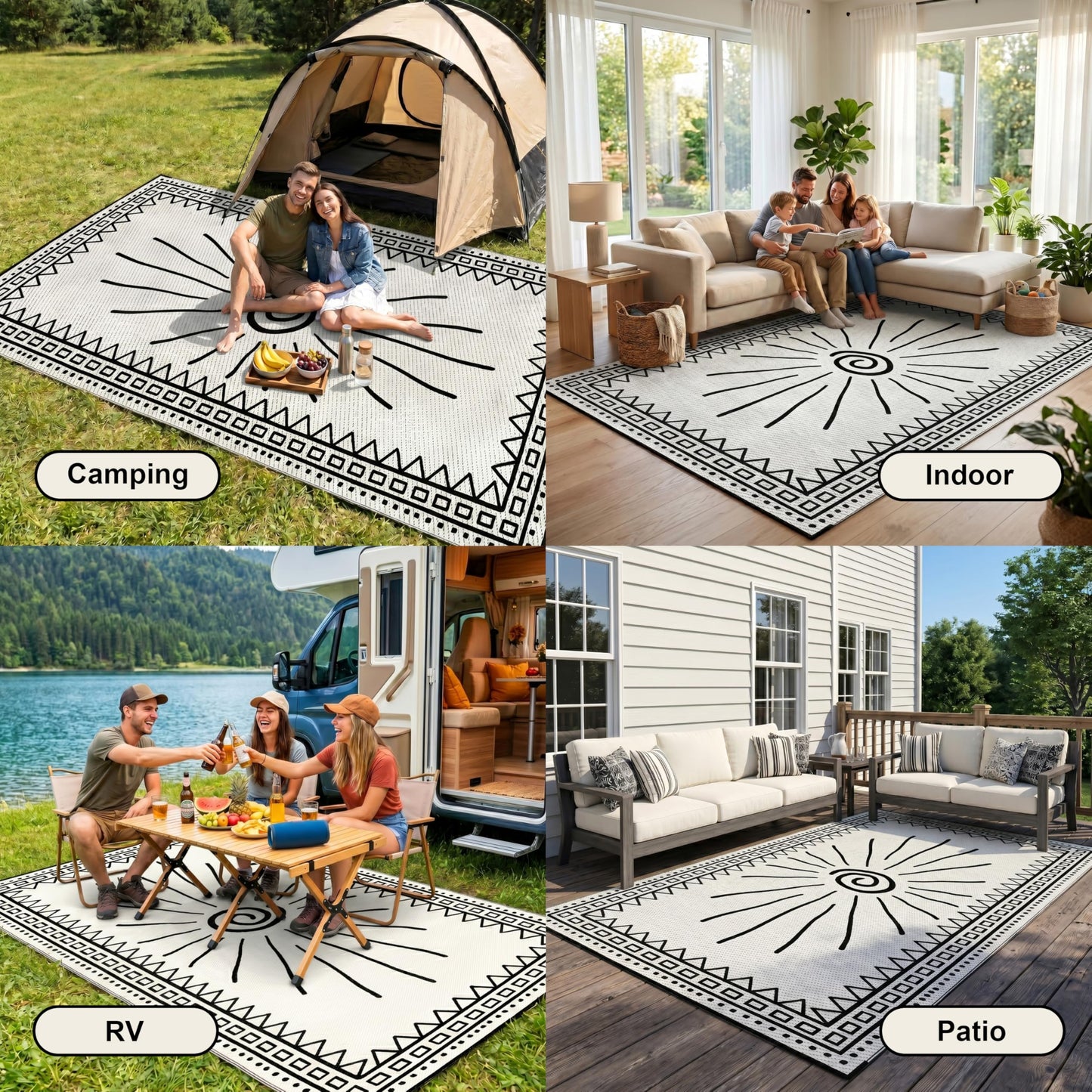 CircleRoad RV Outdoor Rug 9x12 Waterproof Patio Rug Mat with 4 Stakes UV Resistant Reverisble Plastic Straw Outdoor Rug with Carry Bag for RV Camping Picnic Beach