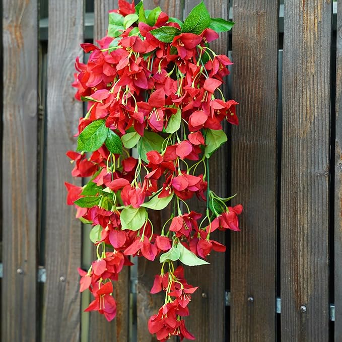 2PCS Bougainvillea Artificial Hanging Flowers Plants for Outdoors Outside Fall Decoration, Faux Silk Flowers Fake Vines UV Resistant Look Real Realistic for Front Door Porch Planter Balcony, Red