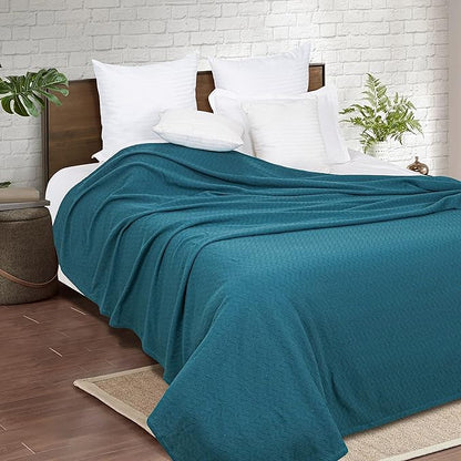 BELIZZI HOME 100% Cotton Bed Blanket, Breathable Thermal Blanket King Size, Soft Chevron Thermal Blanket 90''x102'', Cotton Bed Blanket, Perfect for Layering Any Bed for All Season, Teal