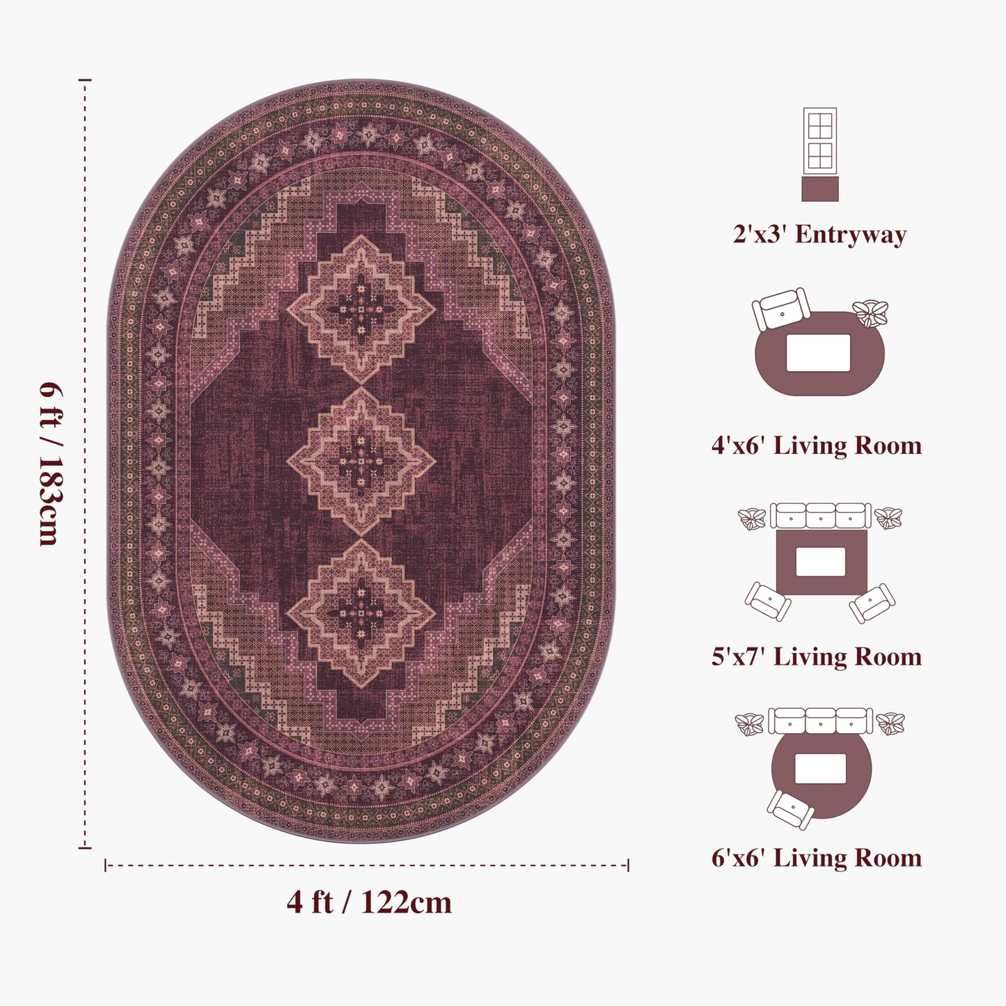 Clemile 4x6 Oval Rug - Washable Ultra-Thin Living Room Rug Vintage Non-Slip Carpets - Soft & Stain Resistant Rug for Kitchen Bedroom Dining Room Living Room Red Burgundy