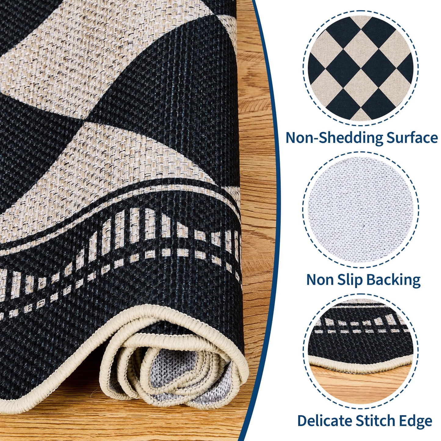 Garvee Easy Jute 2x6 Scalloped Border Kitchen Rugs Non Slip Indoor Outdoor Washable Rugs for Living Room Low Pile Floor Cover for Entryway Stain Resistant Indoor Carpet for Hallway，Black/White