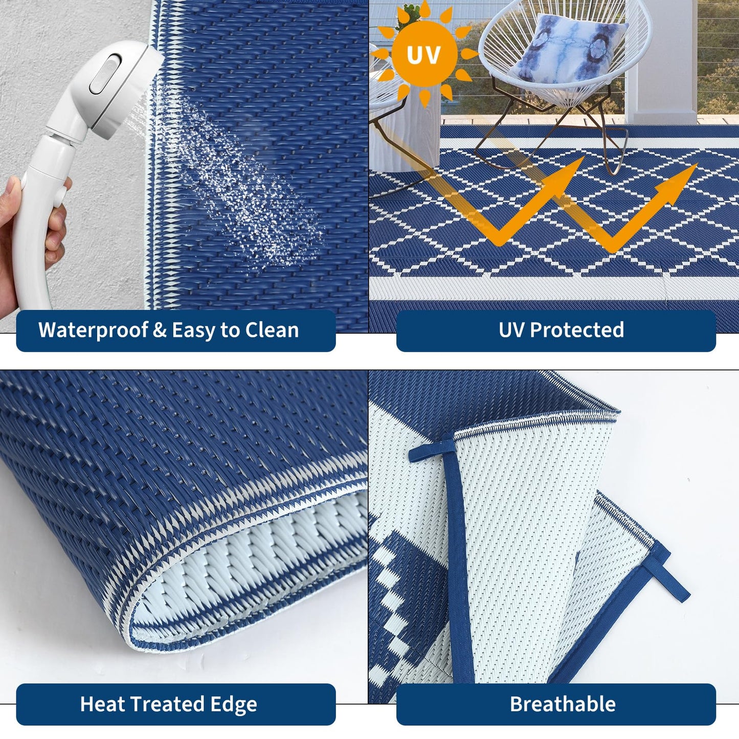 GAOMON Outdoor Rug 8x10 Patio Waterproof Reversible Plastic Straw Rug, Large UV-Resistant Portable RV Camping Mats with 4 Stakes & Carry Bag Boho Geometric Carpet for Outside Deck Porch Garden, Navy