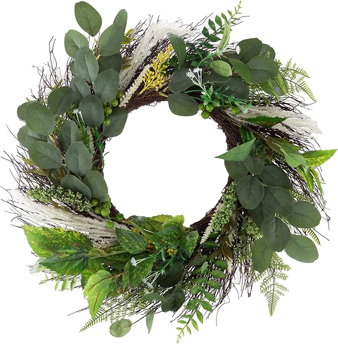 Sweet Anne Eucalyptus Wreath - 22-Inch Artificial Spring, Summer, or Fall Wreath for Home Decor - Wreaths for Indoors or Covered Patio by Pure Garden