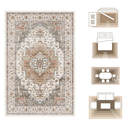 5x7 Area Rugs for Living Room Ultra-Soft Washable Rug Vintage Distressed Boho Area Rug, Non-Slip Retro Print Low Pile Stain Resistant Carpet for Bedroom Dining Room Kitchen Office