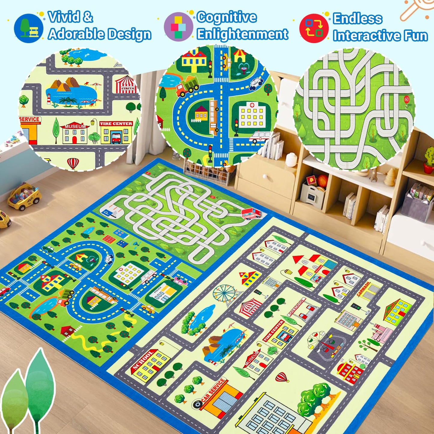 COZYLOOM City Life Car Road Kids Play Mat 4x6 Non Slip Washable Traffic Road Playroom Rug, City Map Race Track Carpet, Ultra-Soft Foldable Interactive Learning Rug for Kids Room Bedroom Nursery