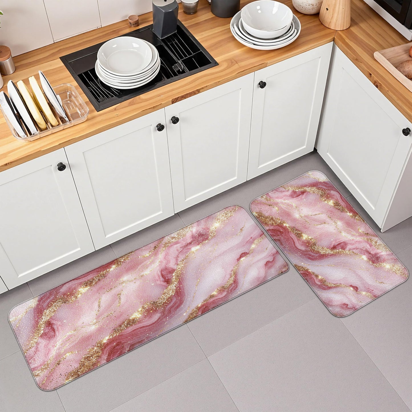Tyrot Gold Pink Kitchen Mats for Floor 2 Pcs Modern Marble Anti Fatigue Mats for Kitchen Floor Mat PVC Non Slip Waterproof Kitchen Rugs for Kitchen Floor Sink Office Laundry 17.3"X28"+17.3"X47"