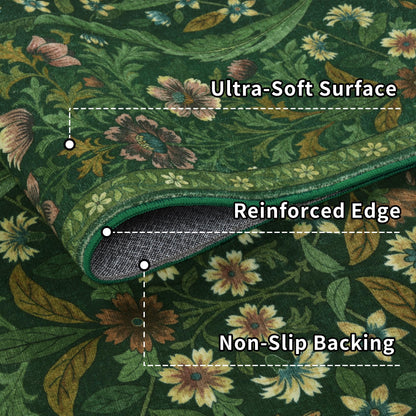 9x12 Dark Green Vintage Floral Area Rug,Washable Large Boho Living Room Rugs,Botanical Print Non-Slip Stain Resistant Lightweight Carpet for Bedroom Dining Room Nursery