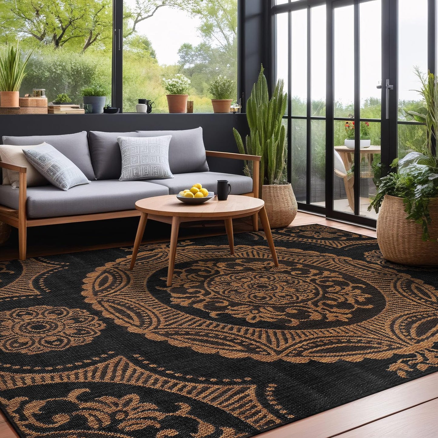 Luul Home Medallion Outdoor Rug 6x9 Washable Outside Carpet for Indoor Patio Porch Waterproof Easy Cleaning Non Shedding Area Rugs Nut Brown 6 x 9