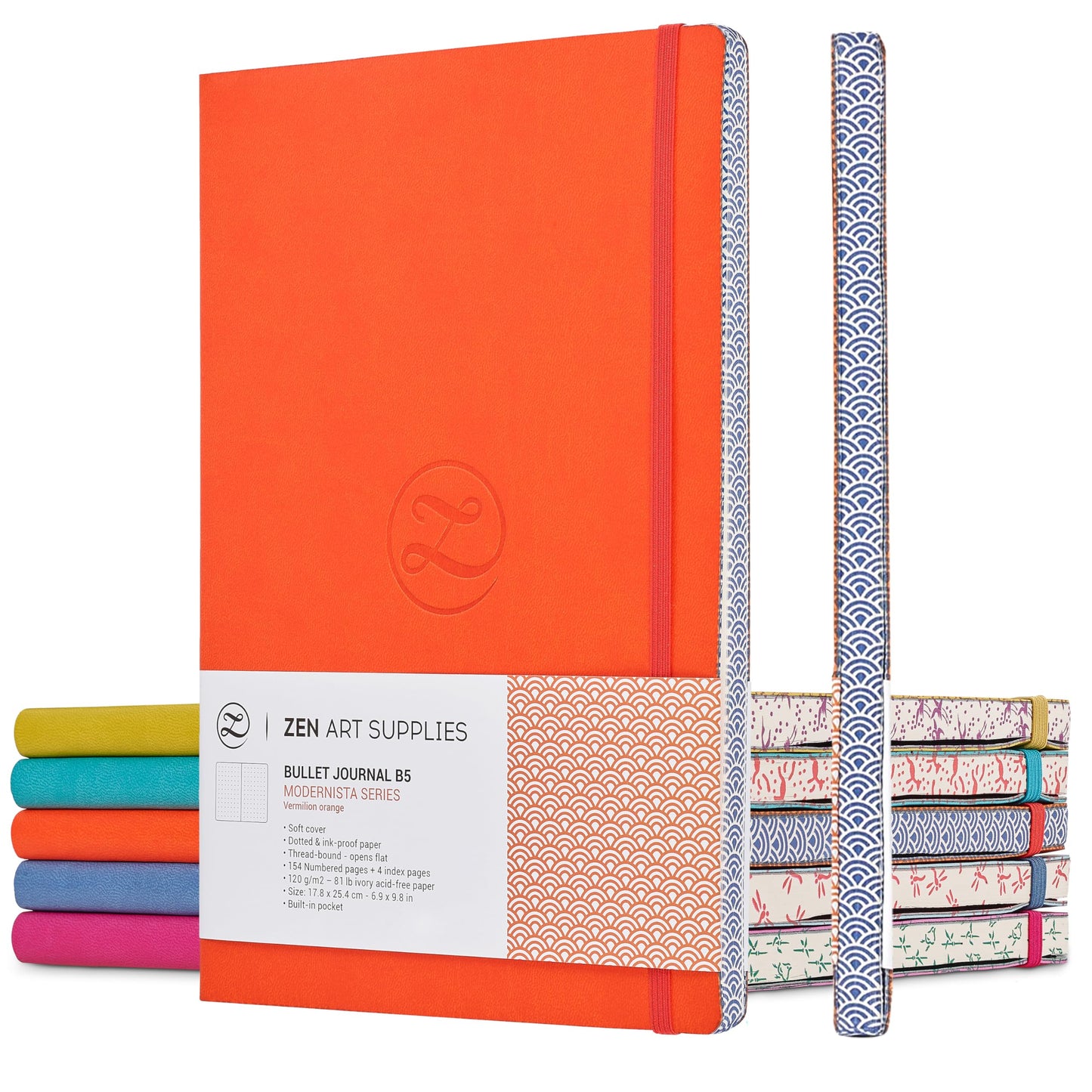 Soft Cover Large B5 Dotted Journal - Enjoy Bullet Journaling with a 7x10-inch, Non-Bleed Thick 120gsm Paper, Dot Journal in Orange, Japanese Edge Motif - Faux Leather Lay Flat Dot Notebook