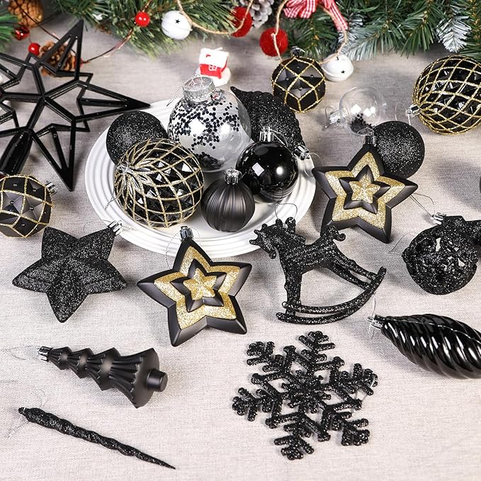 SHareconn 100pcs Christmas Tree Decorations Ornaments Set, Shatterproof Plastic Baubles Decorative Balls for Xmas Tree Decor Holiday Wedding Party, Black