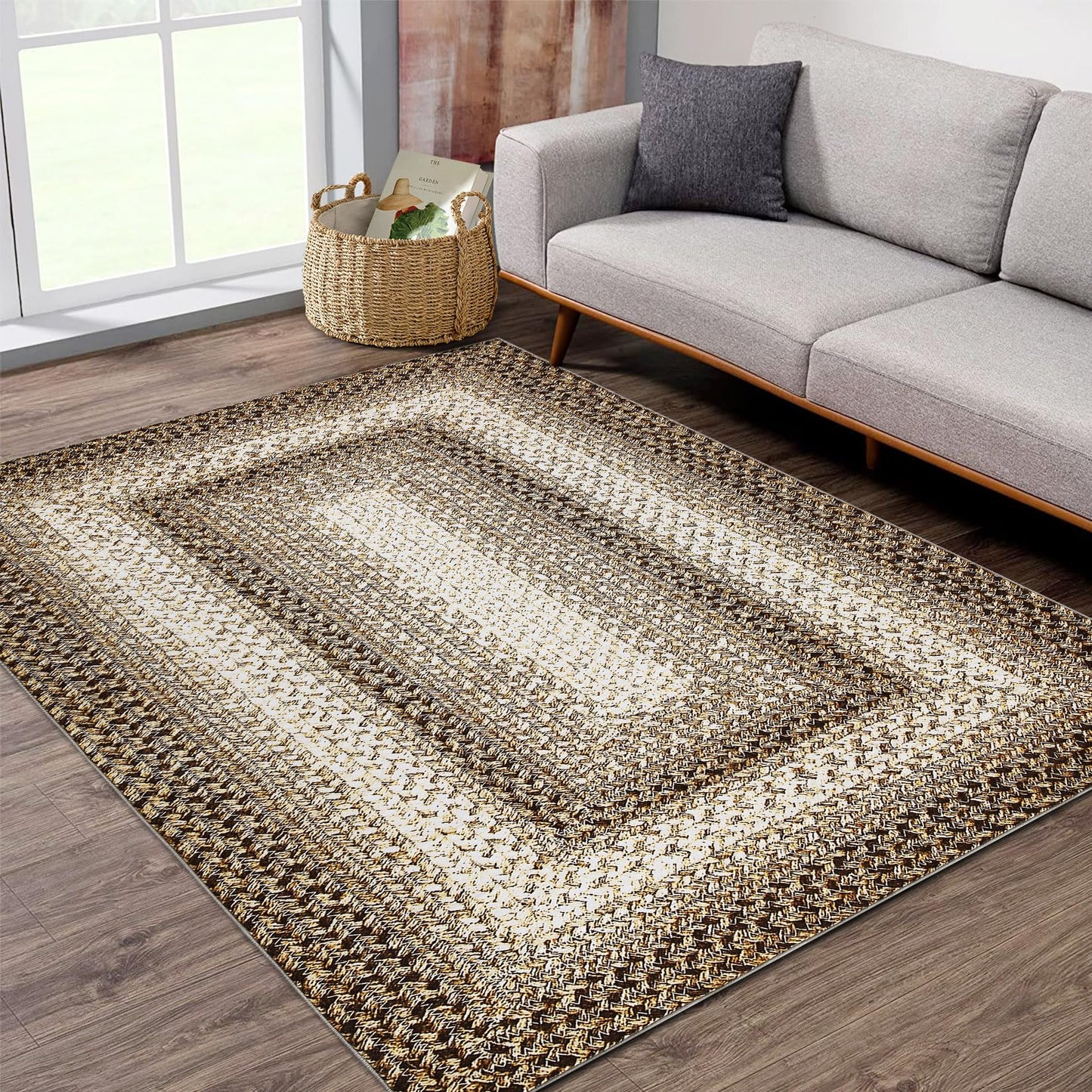 ROYHOME Living Room Area Rug 5x7 Modern Braided Print Area Rug Geometric Border Dining Room Throw Carpet Washable Carpet Rustic Large Boho Mat for Bedroom Nursery, Taupe