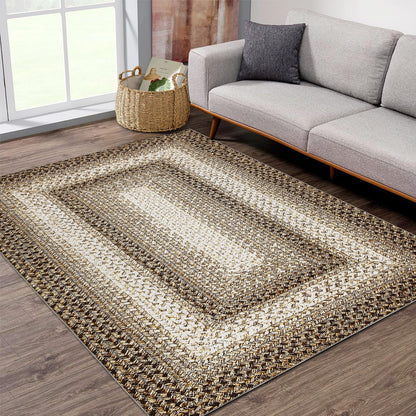 ROYHOME Living Room Area Rug 5x7 Modern Braided Print Area Rug Geometric Border Dining Room Throw Carpet Washable Carpet Rustic Large Boho Mat for Bedroom Nursery, Taupe