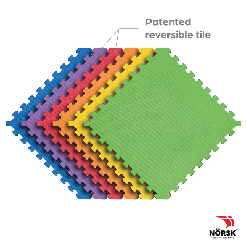 Norsk Dual-Sided Reversible 1/2" Foam Exercise Mats for Home Gym - Interlocking EVA Foam Tiles, 6 Tiles - 24 Sq. Ft. Rainbow Pack/Black