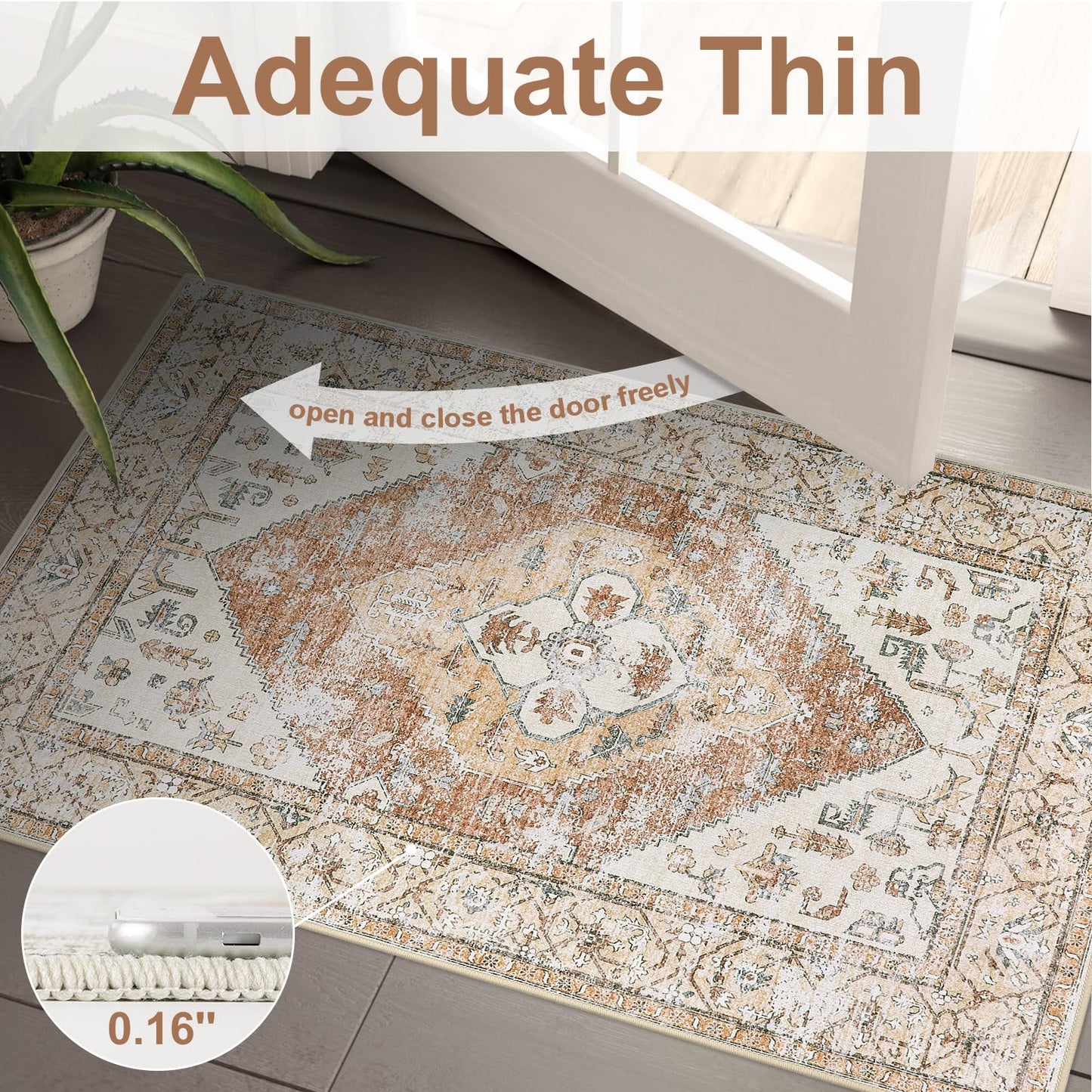 Beeiva Boho Throw 2X3 Entryway Rug, Small Rugs for Bedroom Ultra Thin Non Slip Washable, Small Khaki Carpet Lightweight Indoor Door Mats for Entryway Bedroom