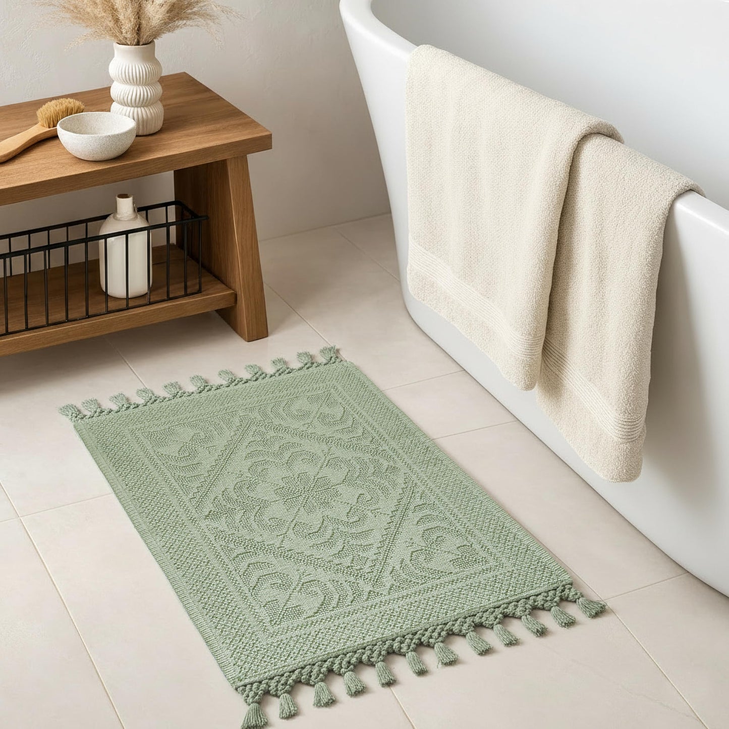 Savi Home Cotton Woven Jacquard Bathroom Rug Set of 2, Woven Fringe Bathroom Mats, 100% Cotton, Non - Slip Bath Mat, Durable Thick Bath Mat 17”x30”+ 20"x38" with Fringes, Sage Green