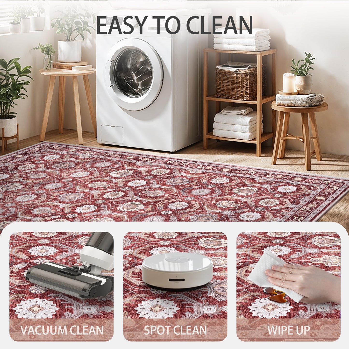 Woodbruy 5x7 Area Rugs, Soft Non Slip Low Pile Washable Rug, Boho Modern Rug for Living Room, Bedroom, Dining Room, Red
