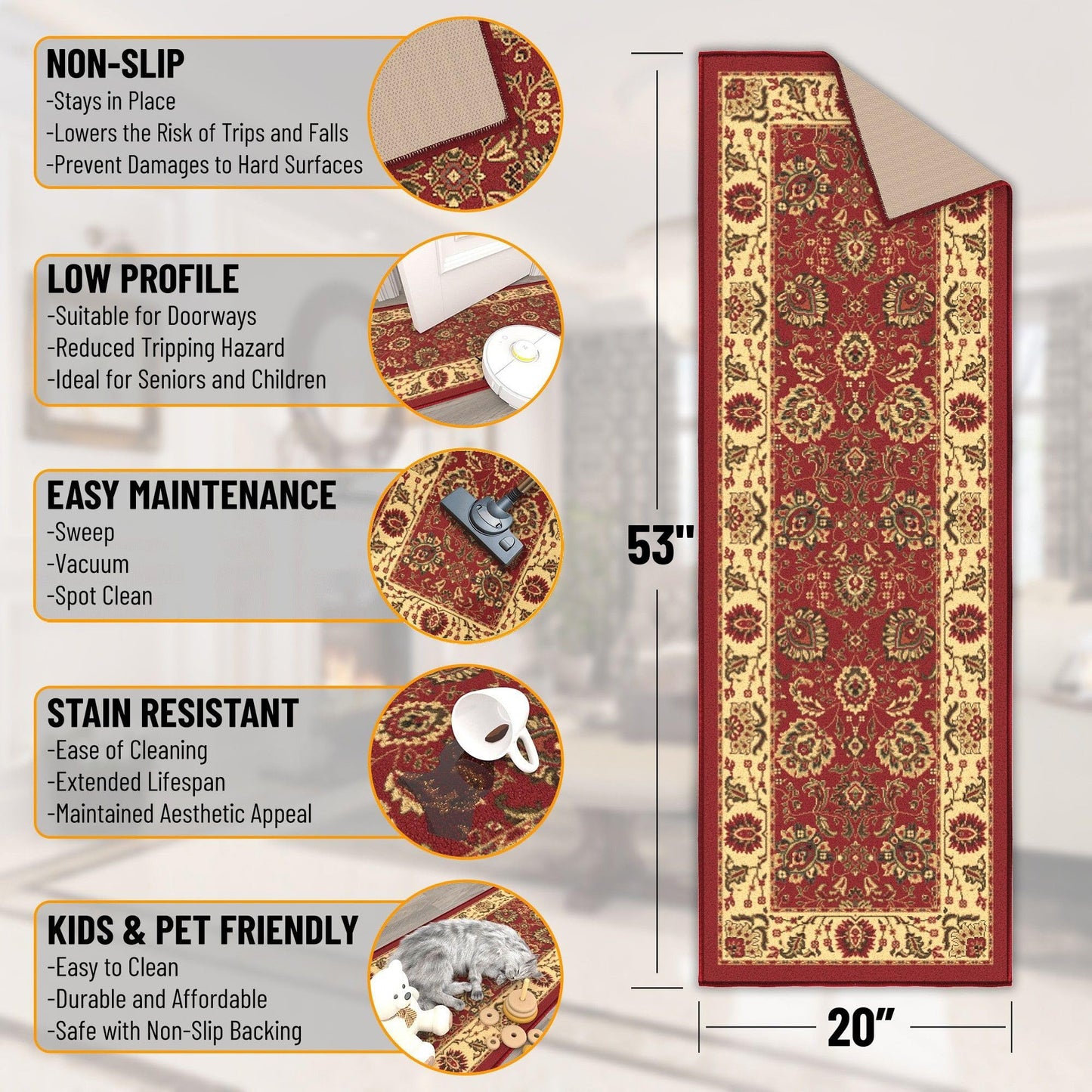 Ottomanson Hallway Runner Rug 20" x 53" Non Slip Oriental Area Rugs Easy to Clean Laundry Rug Runner Durable & Pet Friendly Floor Carpet Runners for Hallways Entryway Living Room Kitchen, Red