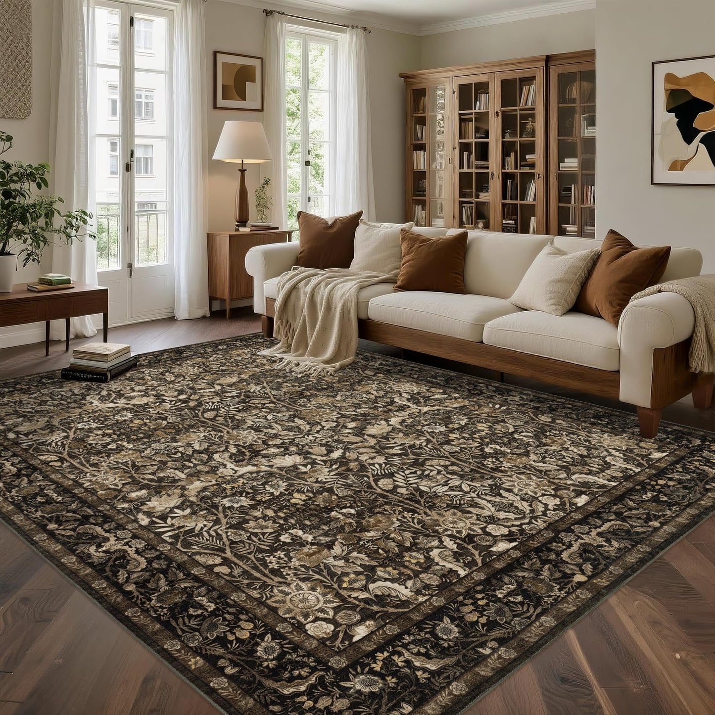 Brown 10x14 Area Rug Washable: Vintage Floral Rugs for Living Room Bedroom Dining Room Under Kitchen Table Office - Soft Non-Slip Stain Resistant Low Pile Large Carpet - Brown and Gold