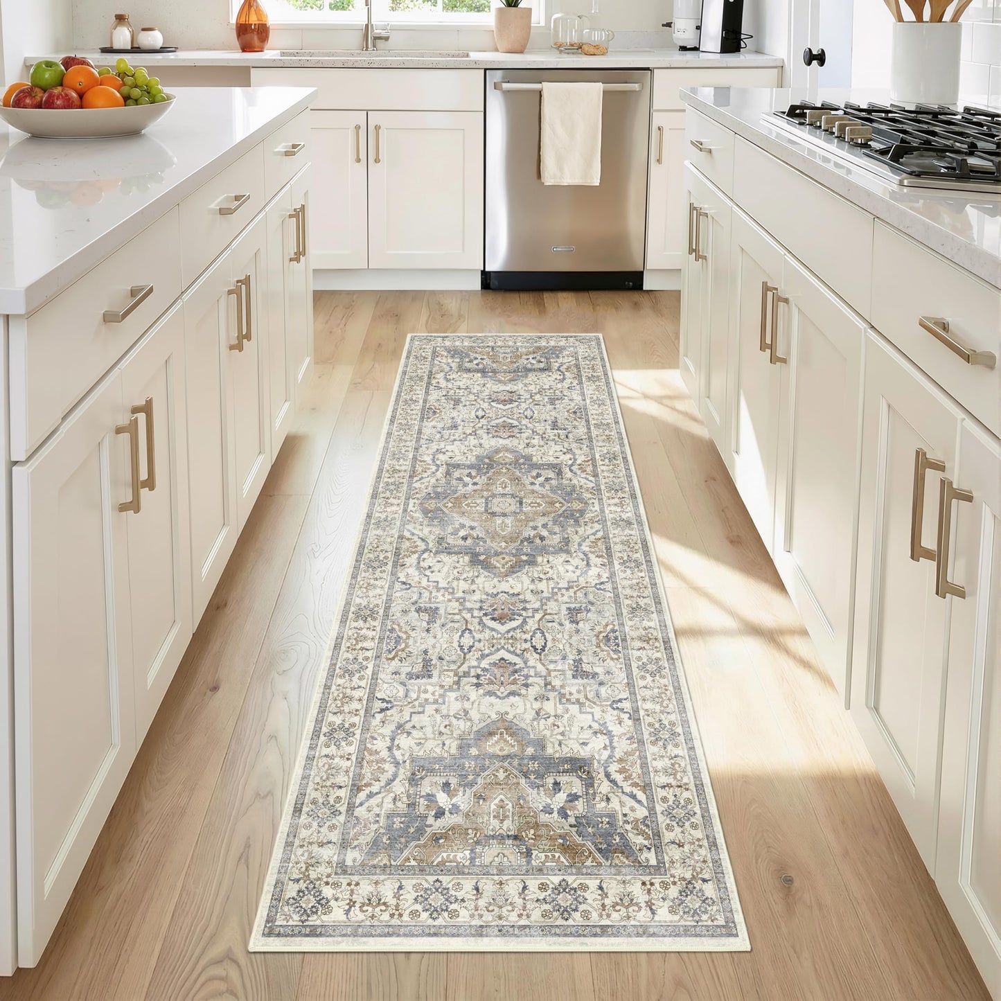 EiniHliw 2x6 Washable Kitchen Runner Rug, Non Slip Vintage Runner Rugs for Hallway, Ultra-Thin Low Pile Distressed Kitchen Rugs Non Skid, Machine Washable Laundry Entryway Indoor Carpet,Beige/Blue