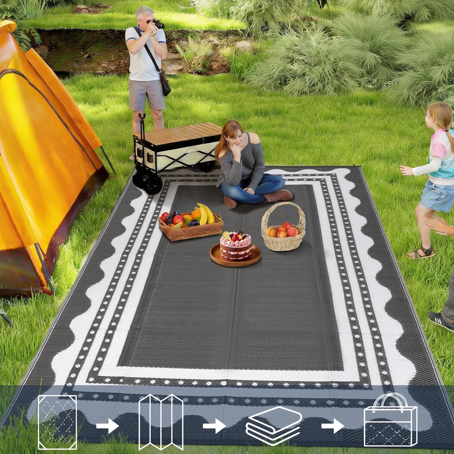 IDEALHOUSE Waterproof Outdoor Rug 9x12 for Patio, Reversible Modern Area Rug, Large Plastic Straw Mat for Camping, RV, Porch, Backyard, Deck, Picnic, Beach, Grey & White