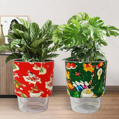 Print Flowerpots Round Plant Pots - 2 Pack Outdoor Garden Planter Plastic Indoor Modern Decorative Succulent Houseplant Pot with Drainage Christmas Day 4FP-CMRG