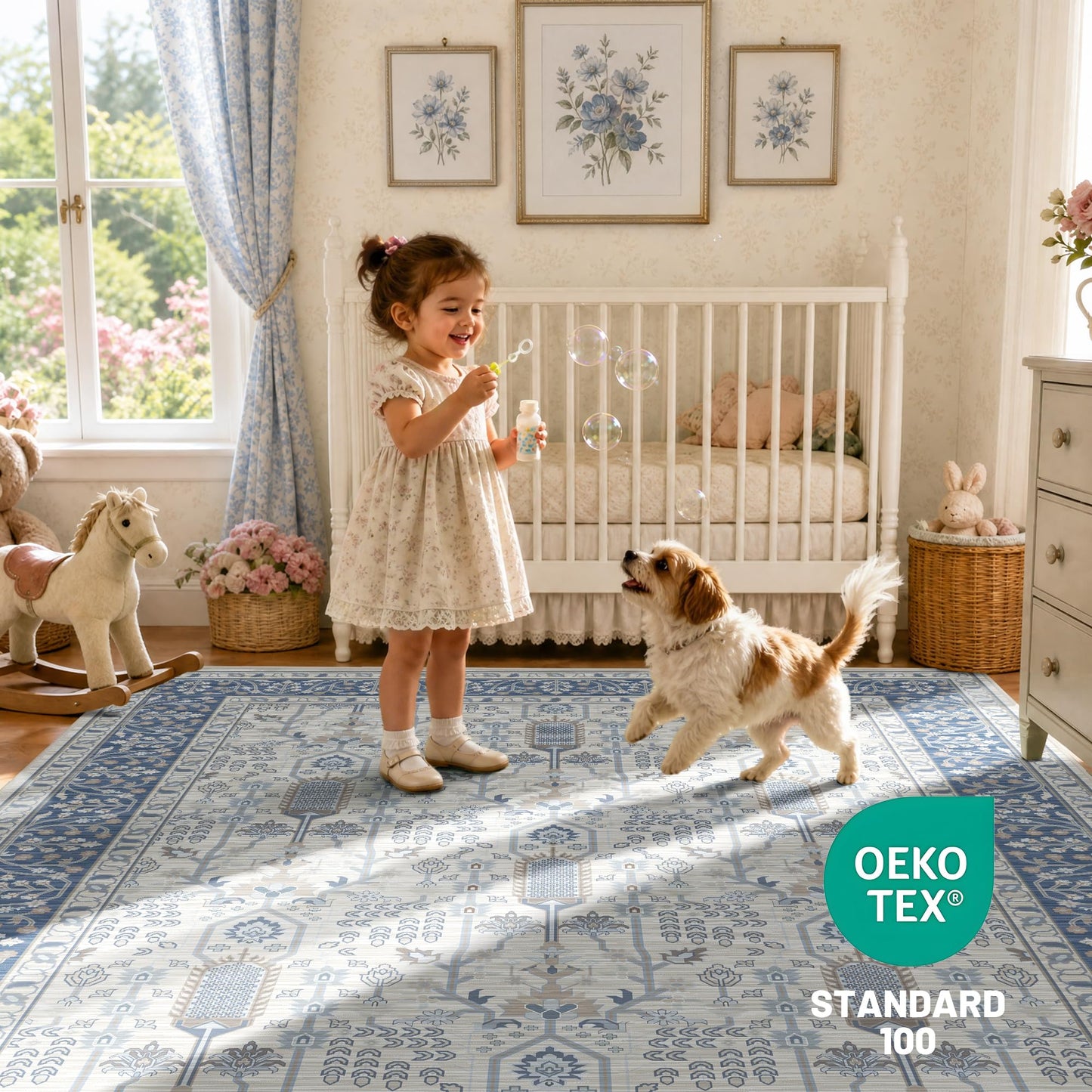 Deerly 5x7 Area Rugs Living Room, Low Pile Ultra Soft Rugs with Non-Slip Backing Machine Washable Vinatge Boho Carpet for Bedroom Playroom Nurseryroom, Kid & Pet Friendly Print Floor Blue Rug 5x7ft