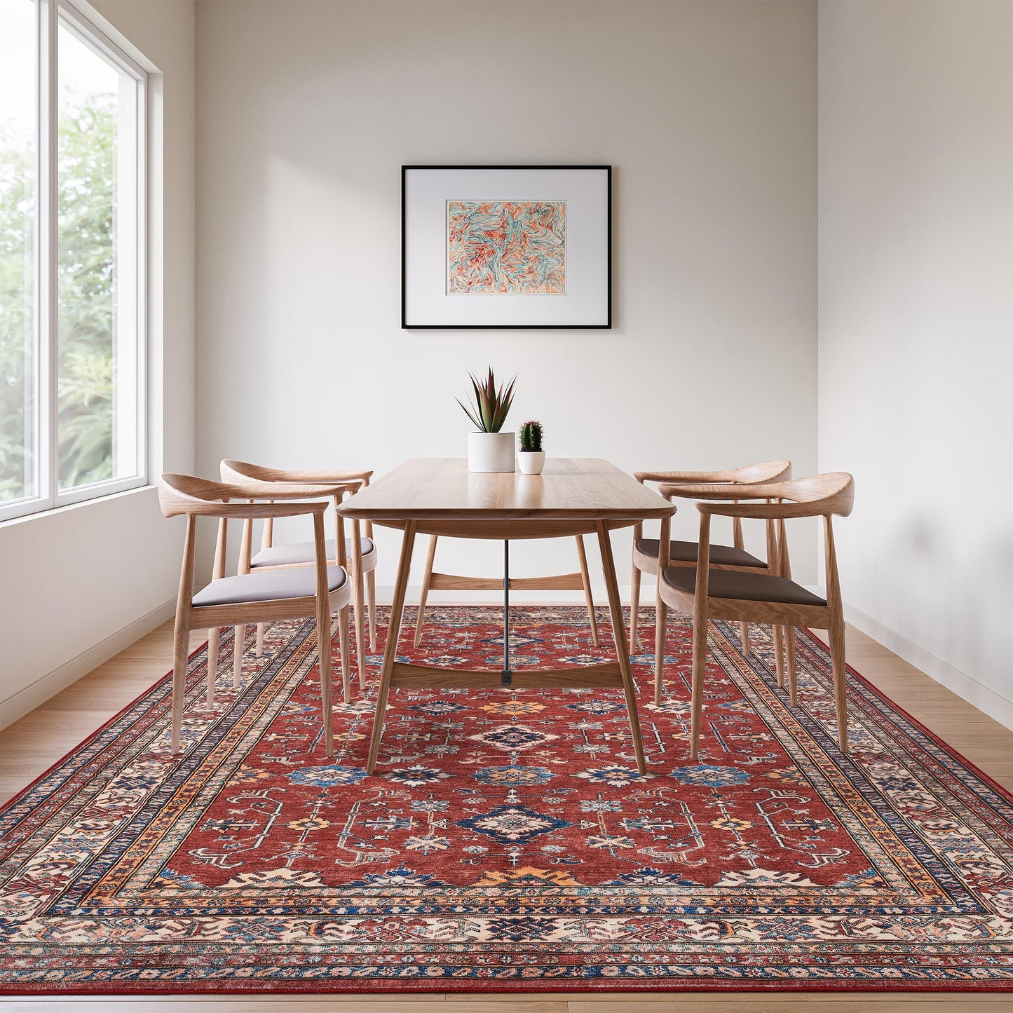 Rugland 5x7 Area Rugs - Stain Resistant Washable Rugs 5x7, Anti Slip Backing Low Pile Rugs for Living Room, Bedroom, Vintage Tribal Area Rugs, Burgundy