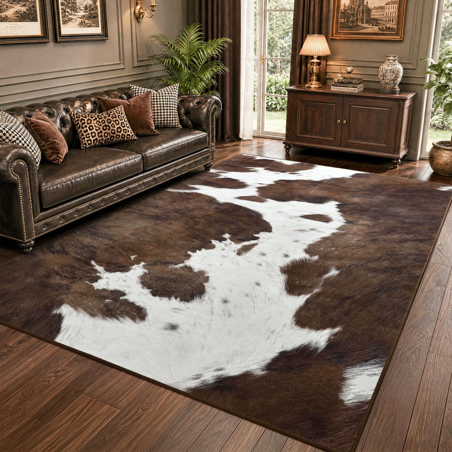 Foxmas Cow Print Rugs for Living Room Bedroom, 5x7 Washable Non-Slip Low Pile Indoor Floor Rug, Carpet for Dining Room Kitchen Office Western Home Decor, Brown