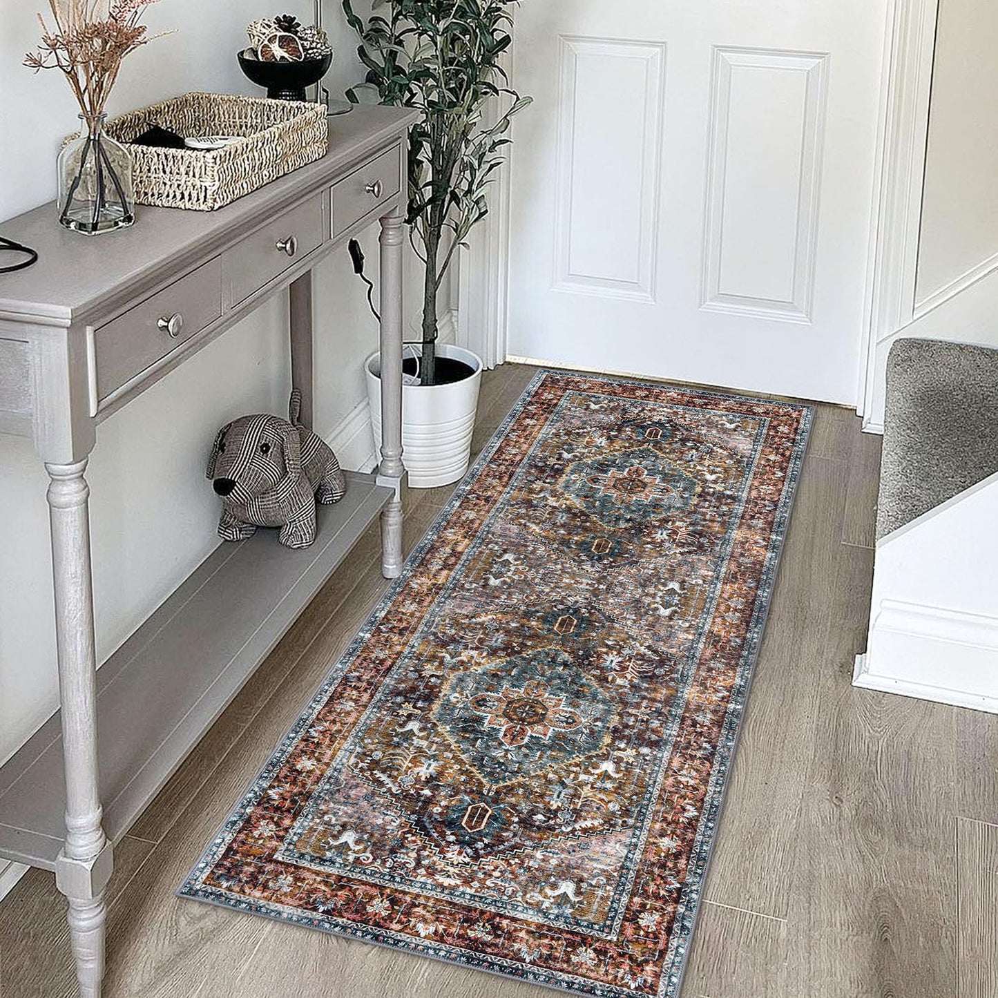 KOZYFLY Runners for Hallways 2x5 Ft Washable Kitchen Runner Rug Boho Runner Rug for Entryway Indoor Printed Oriental Faux Wool Floor Carpet Runner for Laundry Room Kitchen Hall, Brick Red/Orange/Green