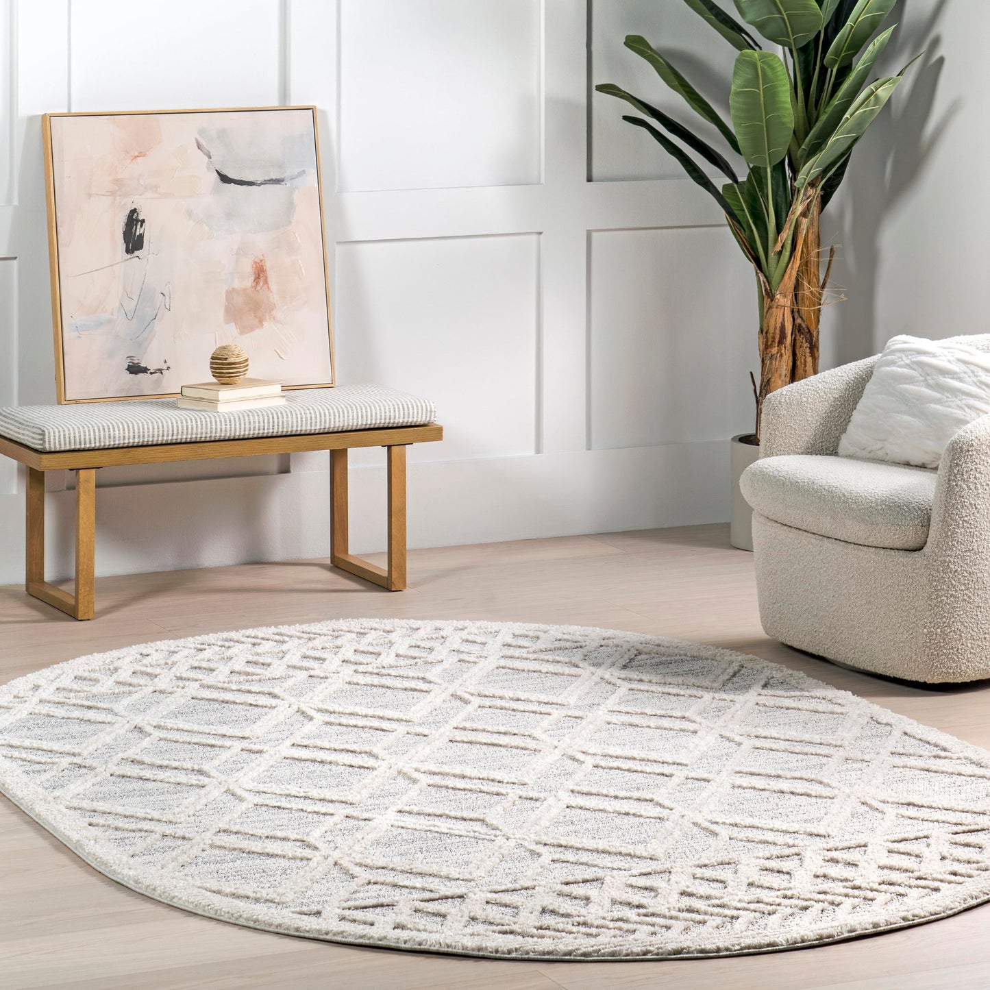 nuLOOM Oval 6'7" x 9' Ansley Moroccan Tassel Area Rug, Light Grey, High-Low Textured Bohemian Design, Plush High Pile, Stain Resistant, For Bedroom, Living Room, Hallway, Entryway