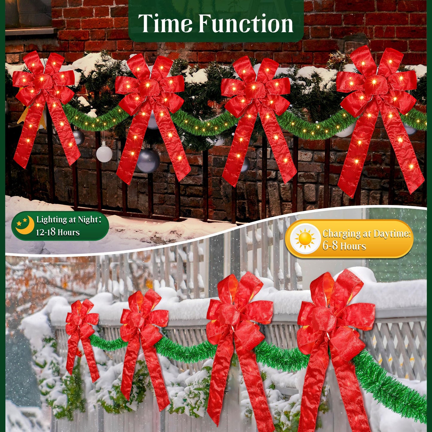13 FT Christmas Bows Fence Decoration, 140LED Lighted Large Christmas Bows Decoration with 8 Mode and Timing Ornament for Party Front Door Fireplace (Red,Artificial Garland)