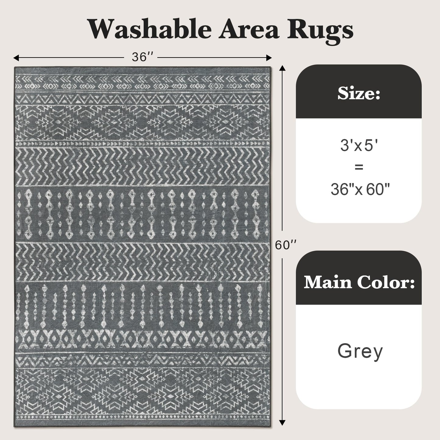 Art&Tuft 3x5 Rug, Super Soft Ultra-Thin Moroccan Washable Rug, Anti-Slip Backing Rugs for Living Room, Foldable Geometric Machine Washable Area Rug(3'x5', Grey)