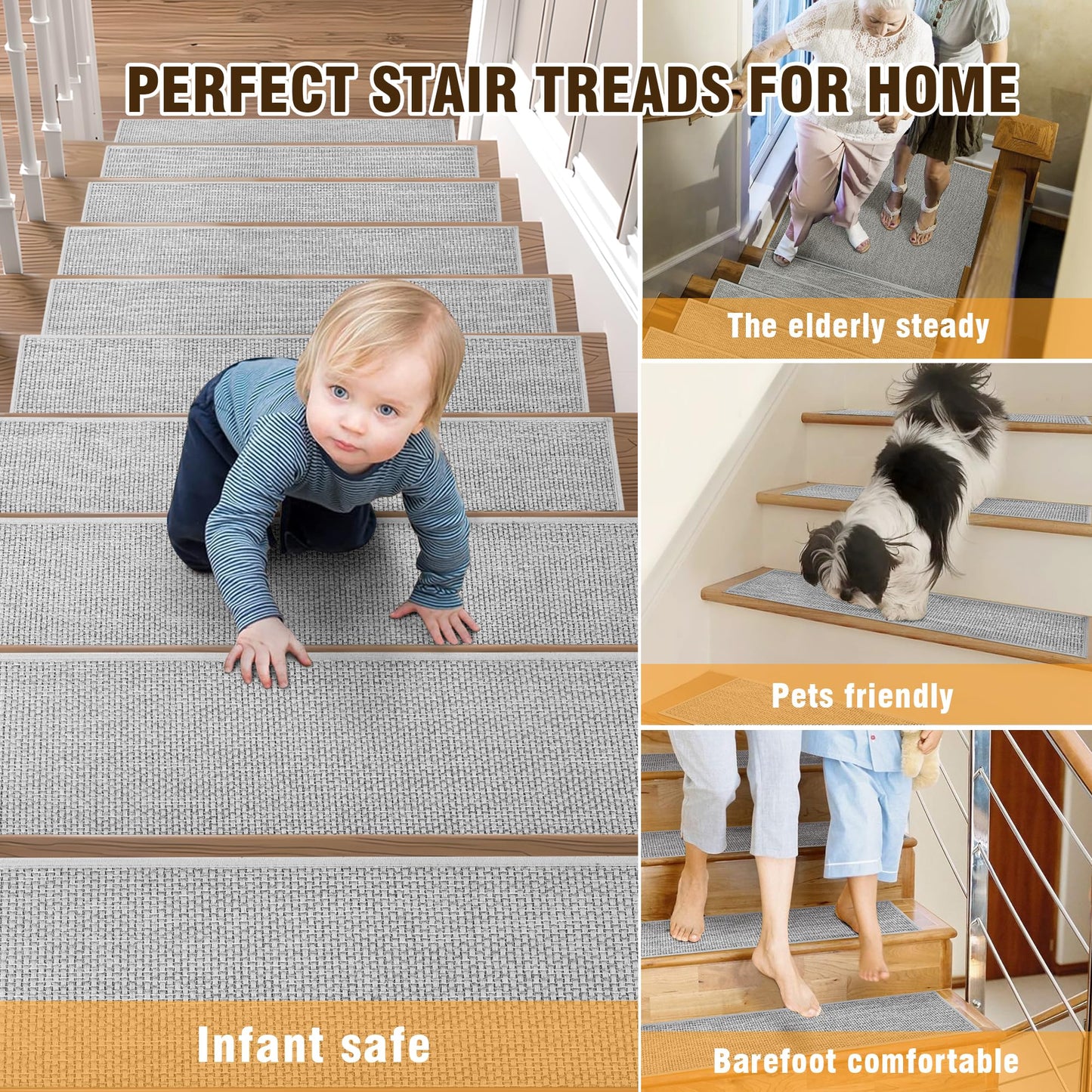 Deerly Linen Stair Treads Non Slip 10pcs Comfortable Stair Runner for Wooden Steps Peel and Stick Stairs Carpet Treads Indoor Staircase Covers Mat with Self-Adhesive Backing for Pets Kids 8"X30" Grey