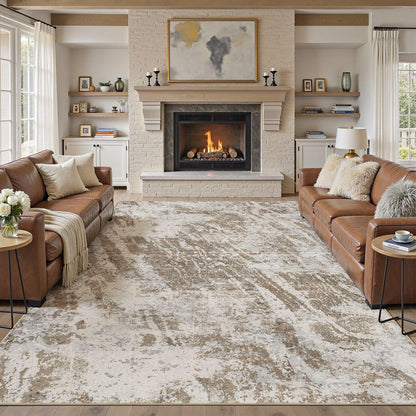 DMOYEST 10x14 Washable Area Rug: Abstract Modern Non-Slip Carpet, Soft Low Pile Indoor Neutral Easy Clean Floor Rugs for Living Room Bedroom Dining Room Kids & Pets - Brown