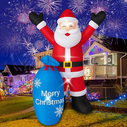 8Ft Christmas Decorations Outdoor Inflatables Giant Santa Claus Carrying a Blue Bag, Blow Up Built-in LED Lights for Party Outdoor Garden Indoor Yard Lawn