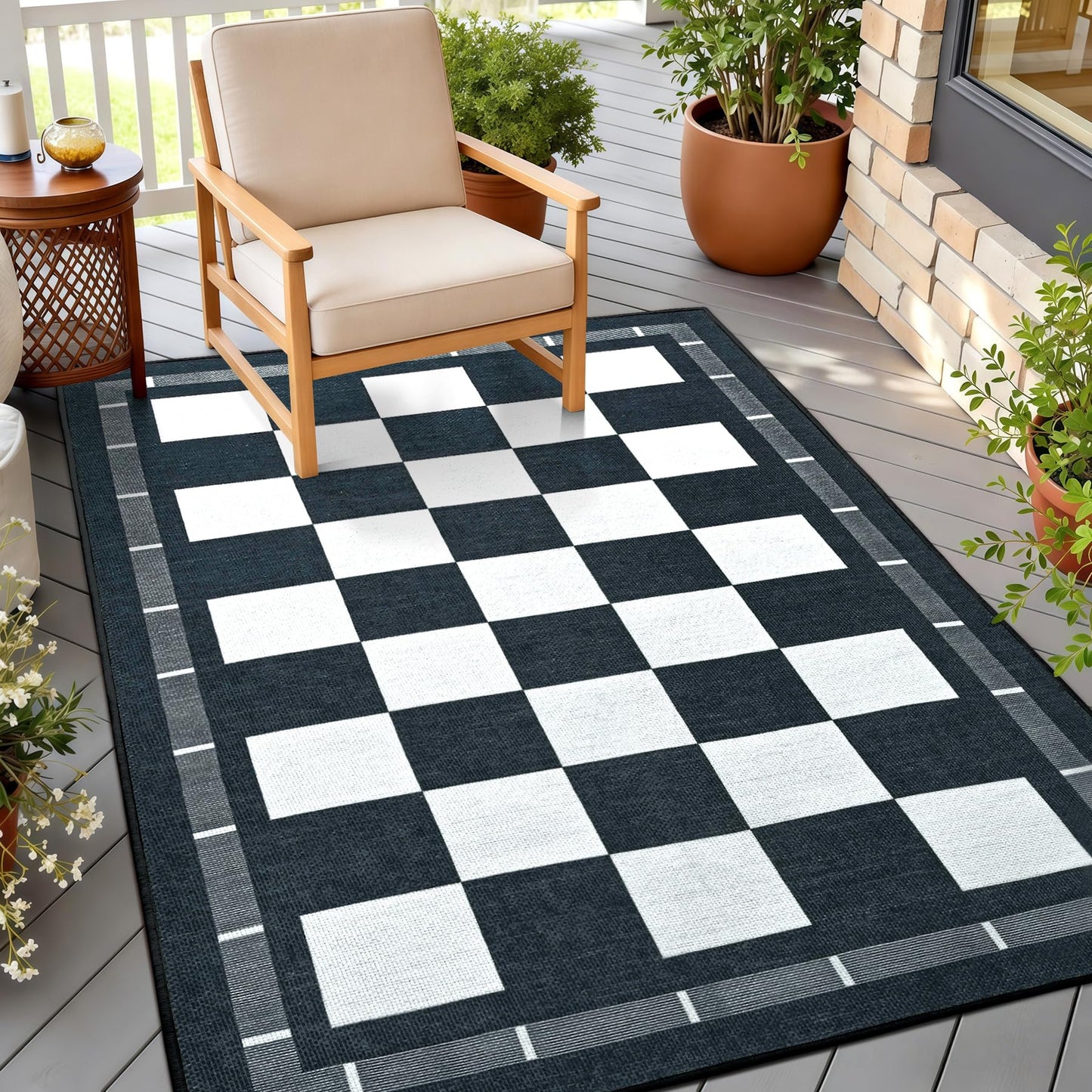 Vasofe Plaid 3x5 Outdoor Patio Rug,Checkered Jute Entryway Rugs, Washable Black and White Indoor Bedroom, Farmhouse Neutral Front Door Mat,Modern Carpet for Porch Patio Balcony Kitchen