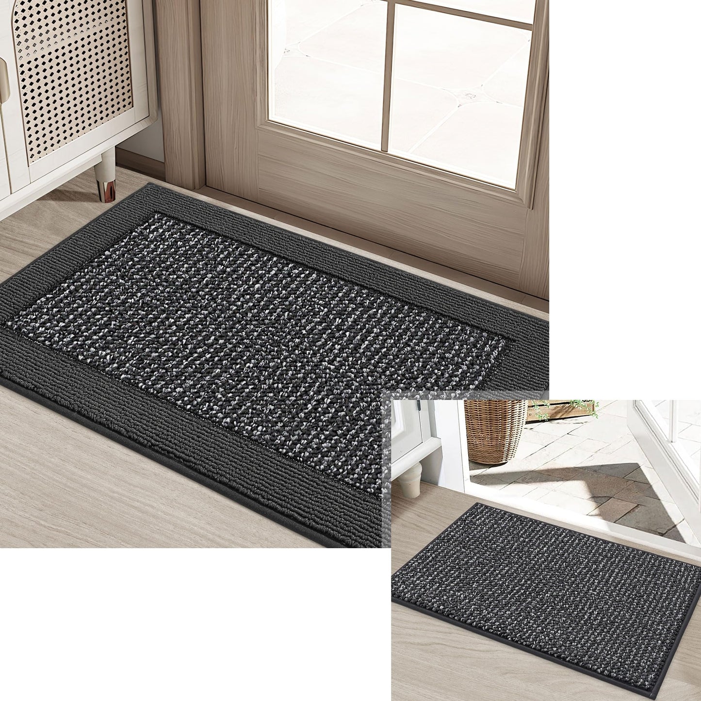 BEQHAUSE Indoor Door Mat 20"x32"+20"x32", Non-Slip Entryway Rugs Low-Profile Washable Floor Mat Stain-Resist Absorbent Welcome Mat for Front Back Door, Entrance, Living Room, Laundry Room, Charcoal