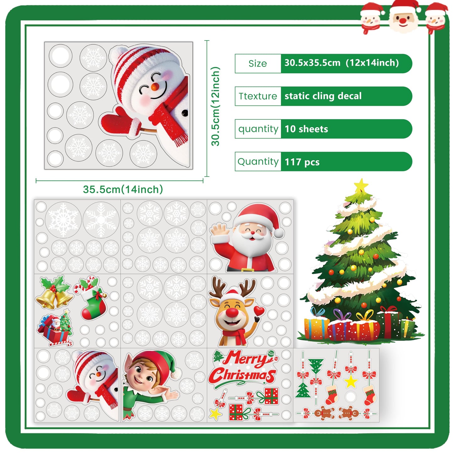 T&W SAME FILM 117 PCS Christmas Window Clings Stickers for Glass, Window, Car Decor, Xmas Decals Decorations Holiday Snowflake Santa Claus Reindeer Decals for Party, Reusable