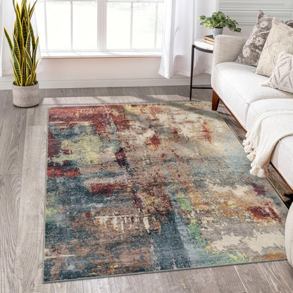 Lahome Modern Abstract 5x7 Area Rugs for Living Room, Washable Bedroom Rug Soft Non Slip Low Pile, Faux Wool Contemporary Carpet for Indoor Floor Decor Home Office Dining Room,Red/Multi