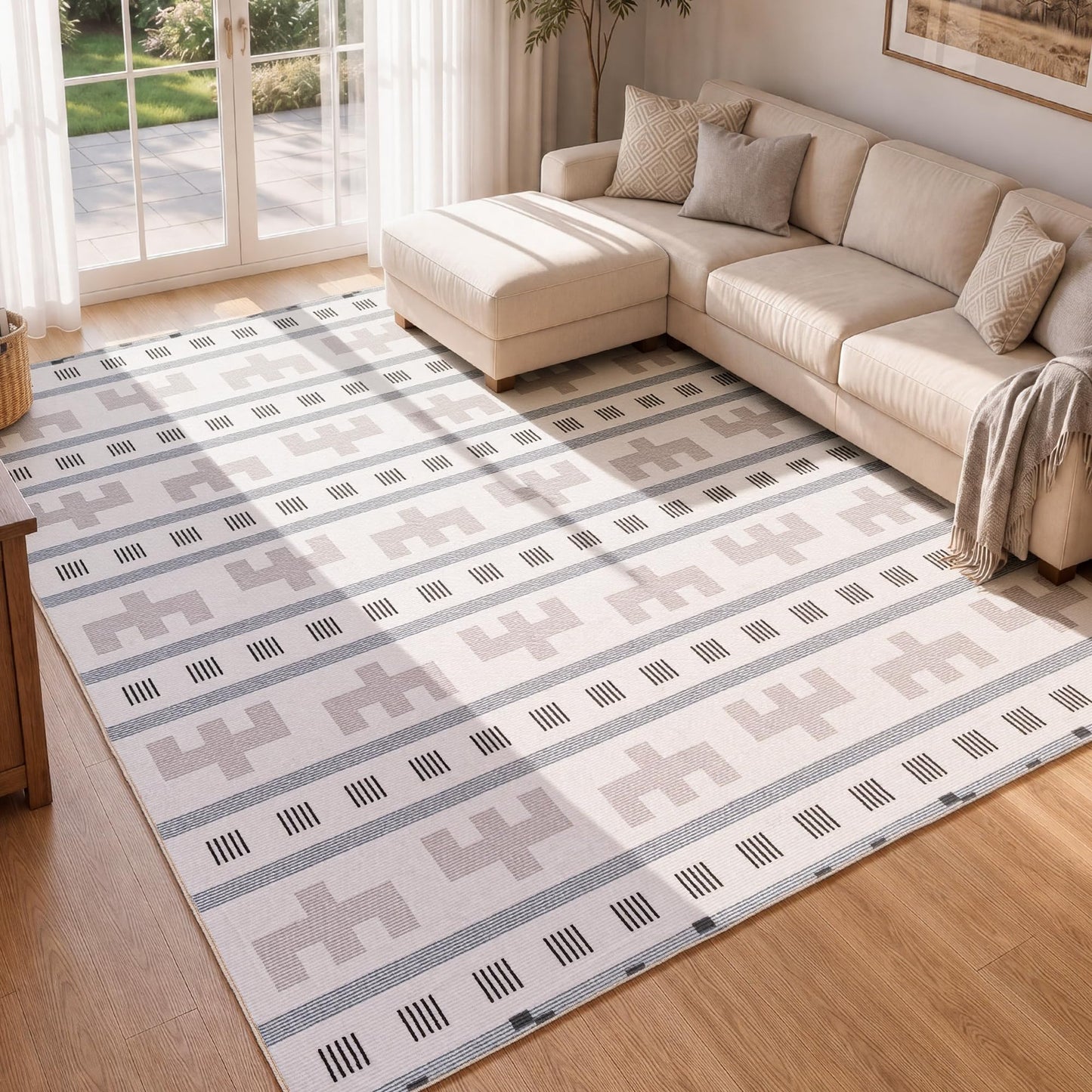 YIHOUSE Geometric Boho Area Rug - Moroccan Washable Non Slip Rug, Modern Minimalist Low Pile Rug for Living Room Bedroom Dining Kitchen, Cream Beige 6x9