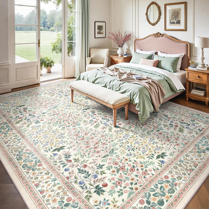 Yarooge 8x10 Area Rugs, Machine Washable Low Pile Floral Rugs for Living Room, Bedroom, Large Boho Area Rug with Non-Slip Backing for Dining Room(Pink Floral)