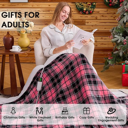 Pink Heated Blanket Electric Throw, 50X60, Heating Throw with 10 Levels & 8 Hours Auto Off, Plaid Checkered Sherpa Blanket Warmer Gifts for Women Mom Trendy Teen Girl, Home Decor for Living Room