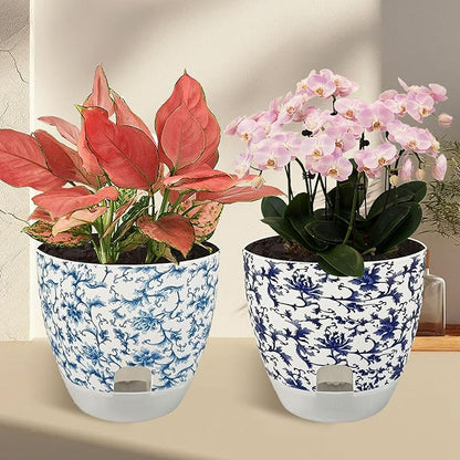 Print Flowerpots Round Plant Pots - 2 Pack Outdoor Garden Planter Plastic Indoor Modern Decorative Succulent Houseplant Pot with Drainage 5FP-BLUWHT