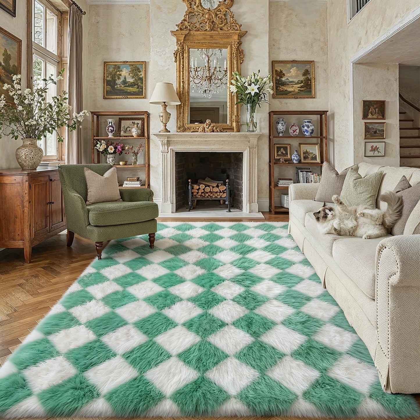 HUGEAR Checkered Rug 8x10 Living Room Green and White Modern Shag Rug Washable Large Area Rug Soft Fluffy Indoor Carpet Fuzzy Vacuumable Rugs for Bedroom Home Decor Non Slip